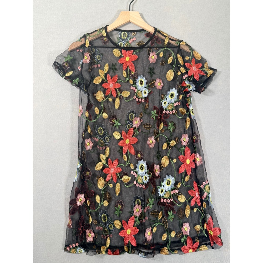 Shein Womens Black‎ Mesh Floral Embroidered Mini Dress Sheer Short Sleeve Small